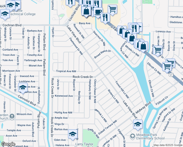 map of restaurants, bars, coffee shops, grocery stores, and more near 2542 Rock Creek Drive in Port Charlotte