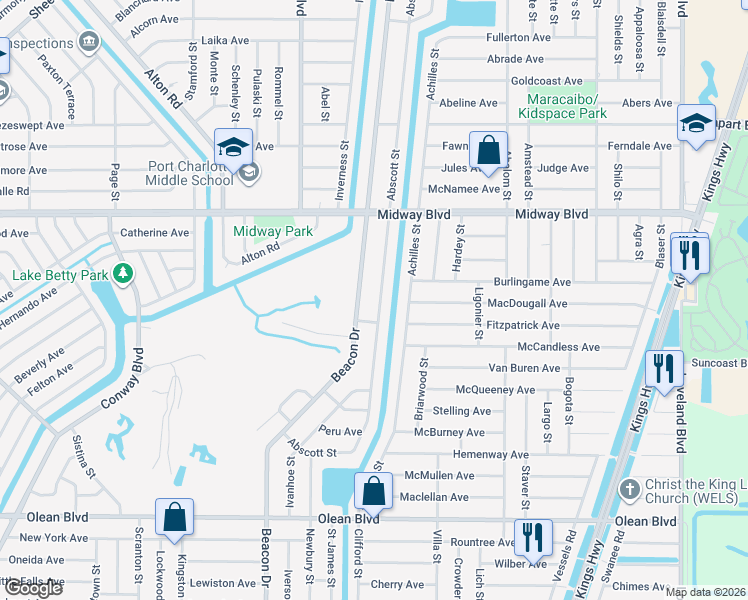 map of restaurants, bars, coffee shops, grocery stores, and more near 23046 Fontaine Avenue in Port Charlotte