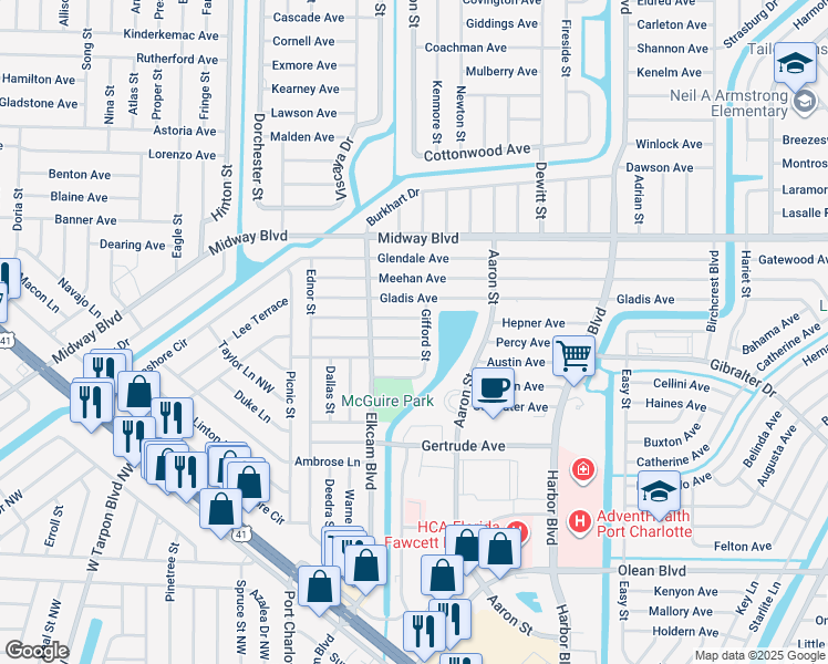 map of restaurants, bars, coffee shops, grocery stores, and more near 21154 Bersell Avenue in Port Charlotte
