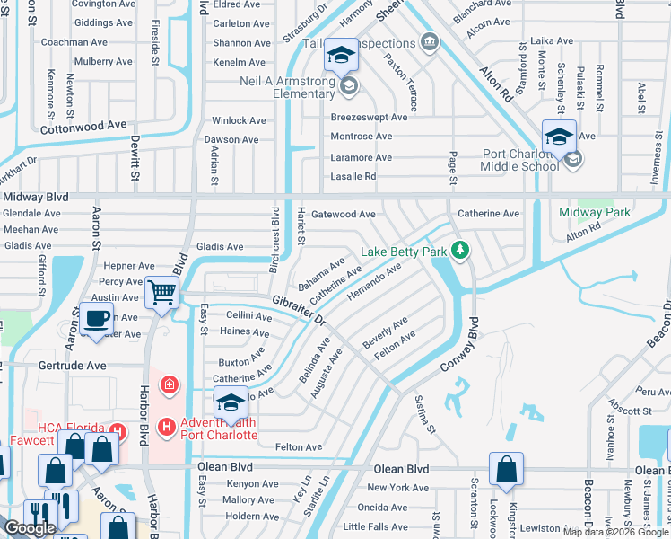 map of restaurants, bars, coffee shops, grocery stores, and more near 22195 Bahama Avenue in Port Charlotte