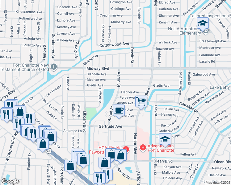 map of restaurants, bars, coffee shops, grocery stores, and more near 2209 Aaron Street in Port Charlotte