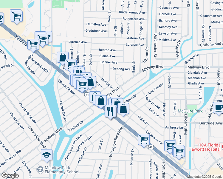 map of restaurants, bars, coffee shops, grocery stores, and more near 20313 Navajo Lane in Port Charlotte