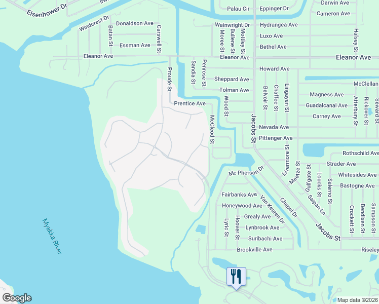 map of restaurants, bars, coffee shops, grocery stores, and more near 2676 Myakka Marsh Lane in Port Charlotte