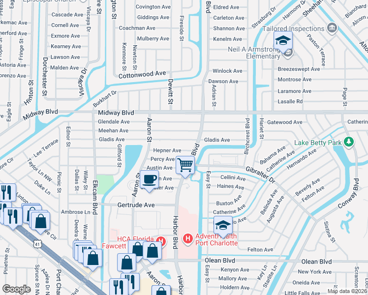 map of restaurants, bars, coffee shops, grocery stores, and more near 21347 Gladis Avenue in Port Charlotte