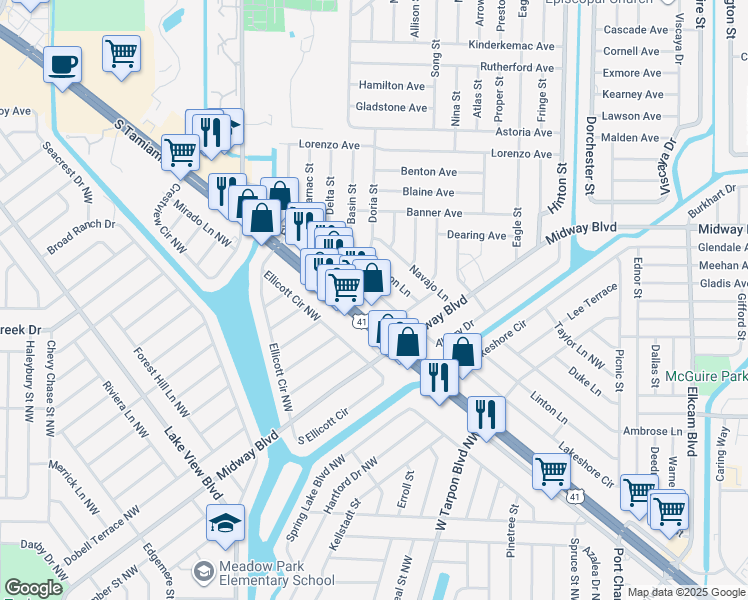 map of restaurants, bars, coffee shops, grocery stores, and more near 20226 Albury Drive in Port Charlotte