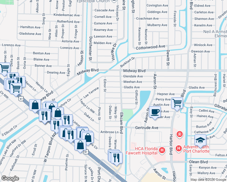 map of restaurants, bars, coffee shops, grocery stores, and more near 21058 Gephart Avenue in Port Charlotte