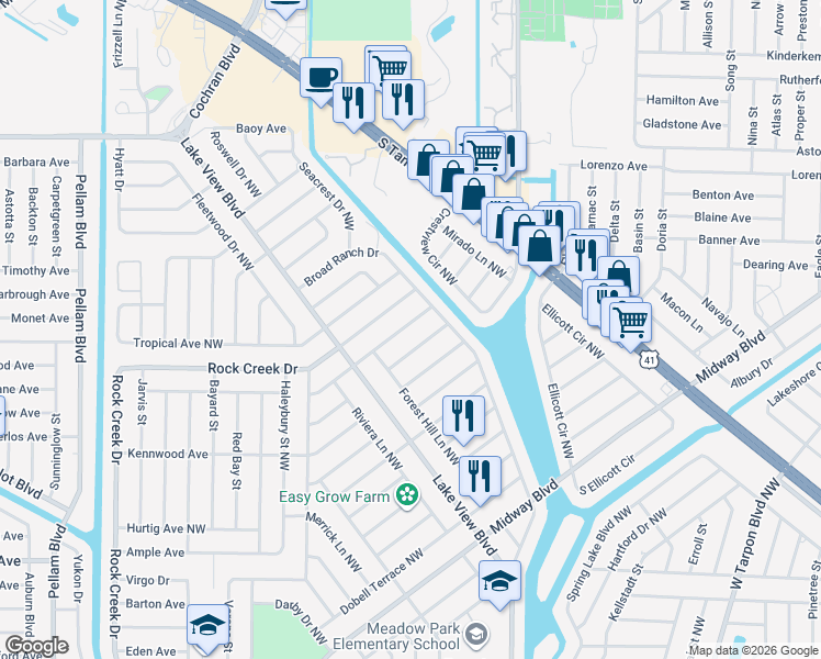 map of restaurants, bars, coffee shops, grocery stores, and more near 921 Great Falls Terrace Northwest in Port Charlotte