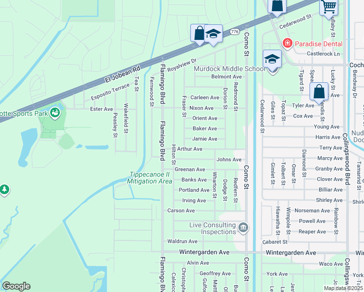 map of restaurants, bars, coffee shops, grocery stores, and more near 2228 Fraser Street in Port Charlotte