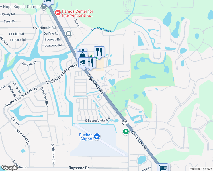 map of restaurants, bars, coffee shops, grocery stores, and more near Aruba Circle in Englewood