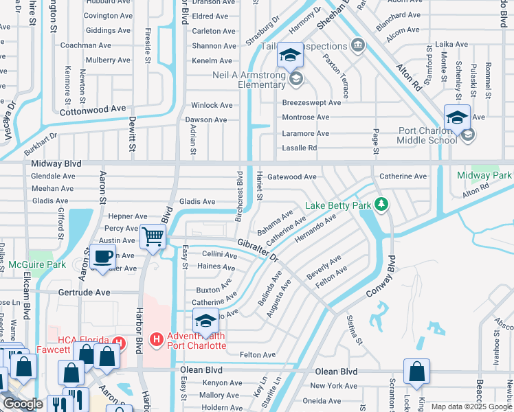 map of restaurants, bars, coffee shops, grocery stores, and more near 2215 Hariet Street in Port Charlotte