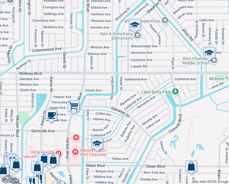 map of restaurants, bars, coffee shops, grocery stores, and more near 2220 Birchcrest Boulevard in Port Charlotte