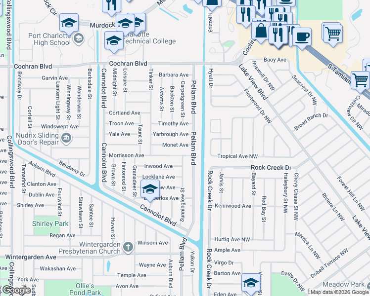 map of restaurants, bars, coffee shops, grocery stores, and more near 18471 Monet Avenue in Port Charlotte