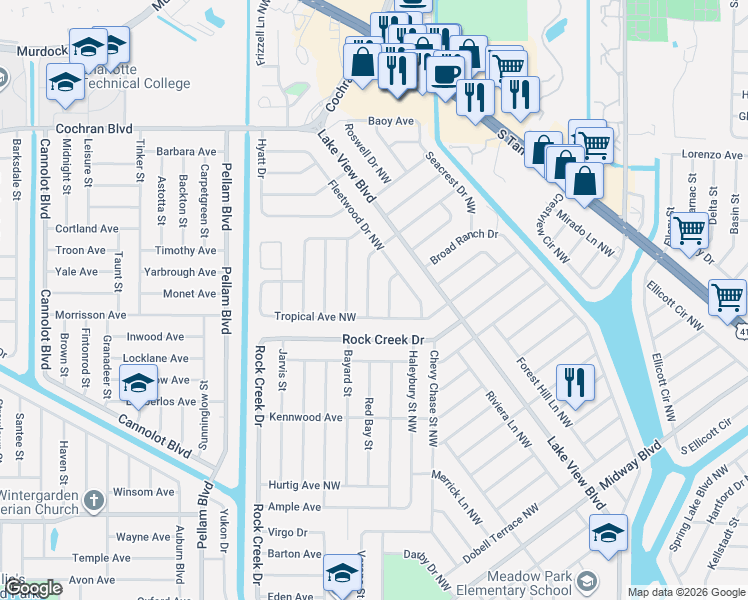 map of restaurants, bars, coffee shops, grocery stores, and more near 913 Red Bay Terrace Northwest in Port Charlotte