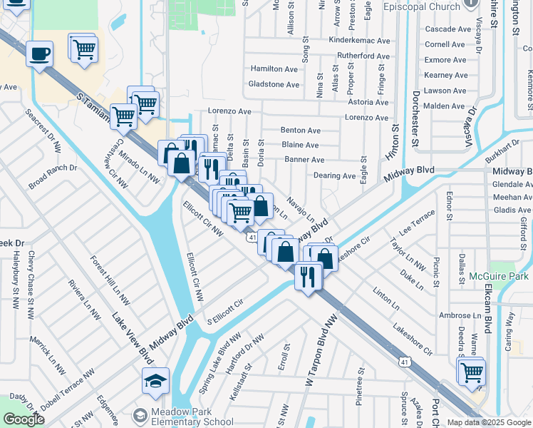 map of restaurants, bars, coffee shops, grocery stores, and more near 20226 Albury Drive in Port Charlotte