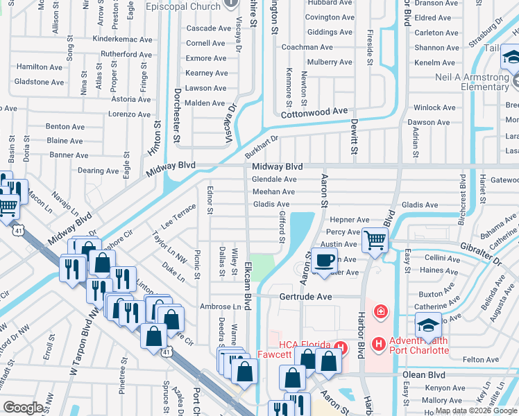 map of restaurants, bars, coffee shops, grocery stores, and more near 21115 Gladis Avenue in Port Charlotte