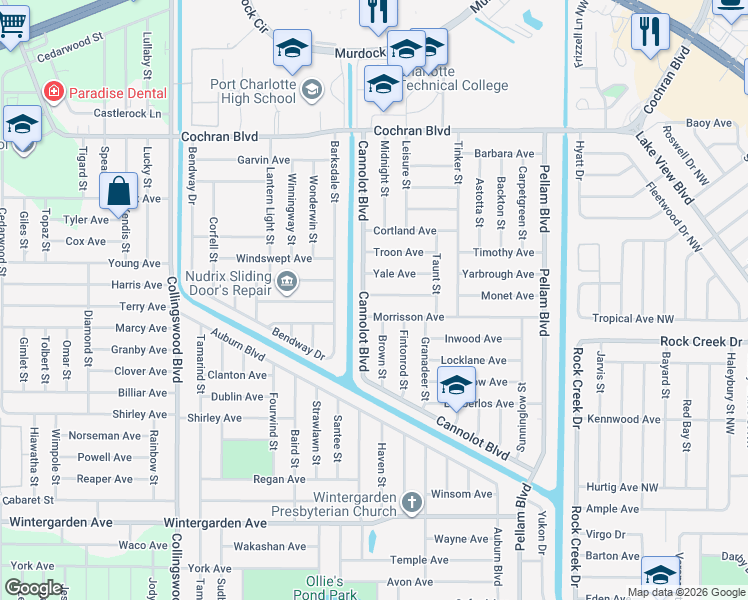 map of restaurants, bars, coffee shops, grocery stores, and more near 18275 Monmouth Avenue in Port Charlotte