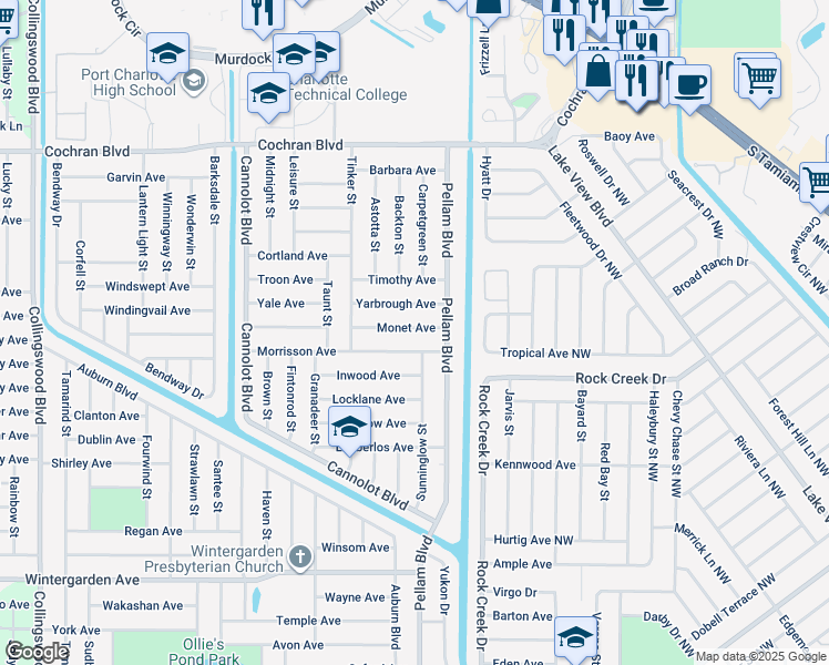 map of restaurants, bars, coffee shops, grocery stores, and more near 18471 Monet Ave in Port Charlotte