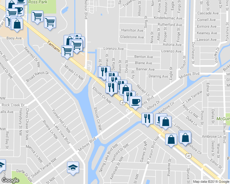 map of restaurants, bars, coffee shops, grocery stores, and more near 2390 Tamiami Trail in Port Charlotte
