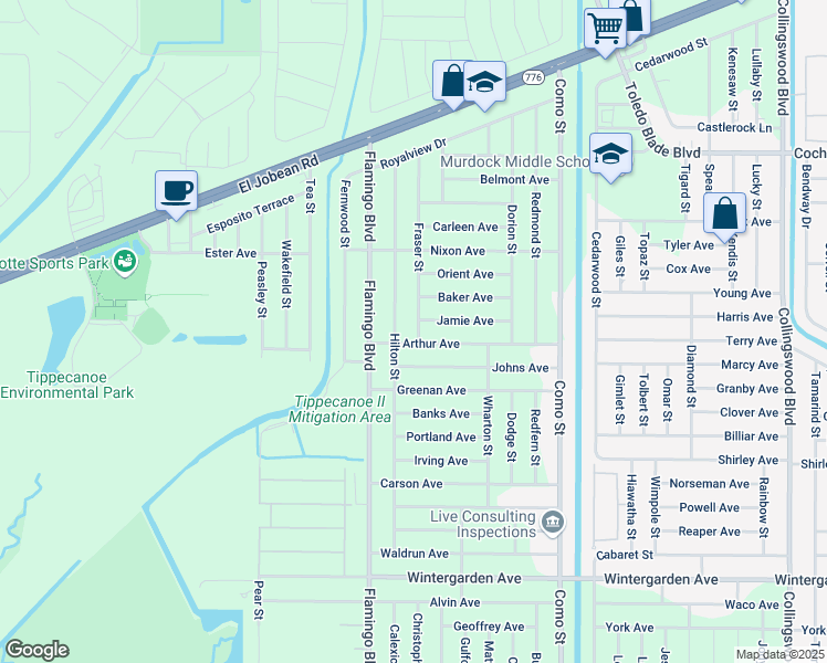 map of restaurants, bars, coffee shops, grocery stores, and more near 2228 Fraser Street in Port Charlotte