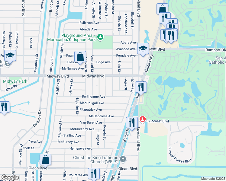 map of restaurants, bars, coffee shops, grocery stores, and more near 2210 Aldworth Street in Port Charlotte