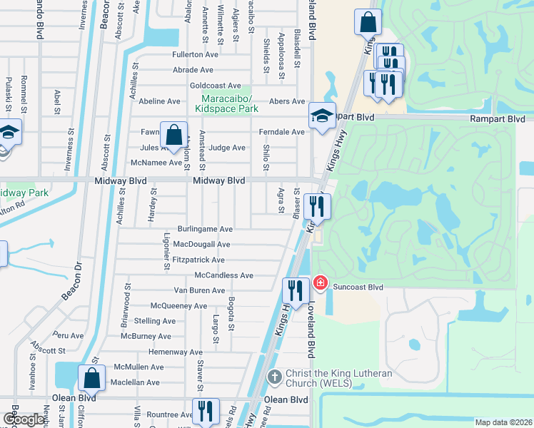 map of restaurants, bars, coffee shops, grocery stores, and more near 23446 Burlingame Avenue in Port Charlotte