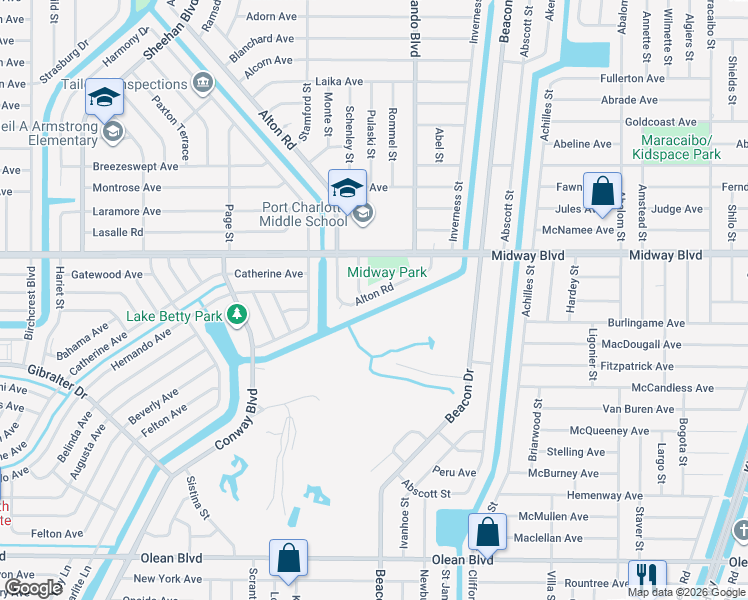 map of restaurants, bars, coffee shops, grocery stores, and more near 2271 Alton Road in Port Charlotte