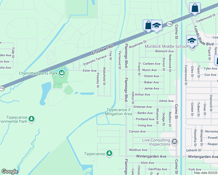 map of restaurants, bars, coffee shops, grocery stores, and more near 2238 Tea Street in Port Charlotte