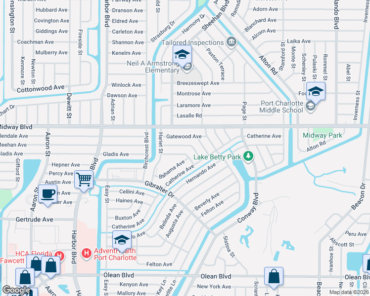 map of restaurants, bars, coffee shops, grocery stores, and more near 22102 Gandy Avenue in Port Charlotte