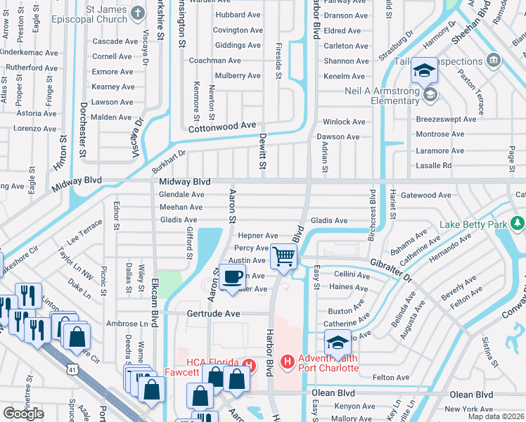 map of restaurants, bars, coffee shops, grocery stores, and more near 21347 Glendale Avenue in Port Charlotte
