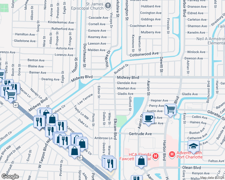 map of restaurants, bars, coffee shops, grocery stores, and more near 21083 Glendale Avenue in Port Charlotte