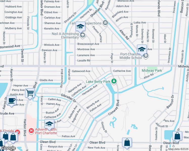map of restaurants, bars, coffee shops, grocery stores, and more near 2151 Starlite Lane in Port Charlotte