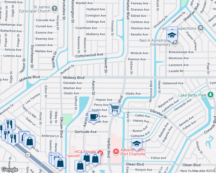 map of restaurants, bars, coffee shops, grocery stores, and more near 21347 Glendale Avenue in Port Charlotte