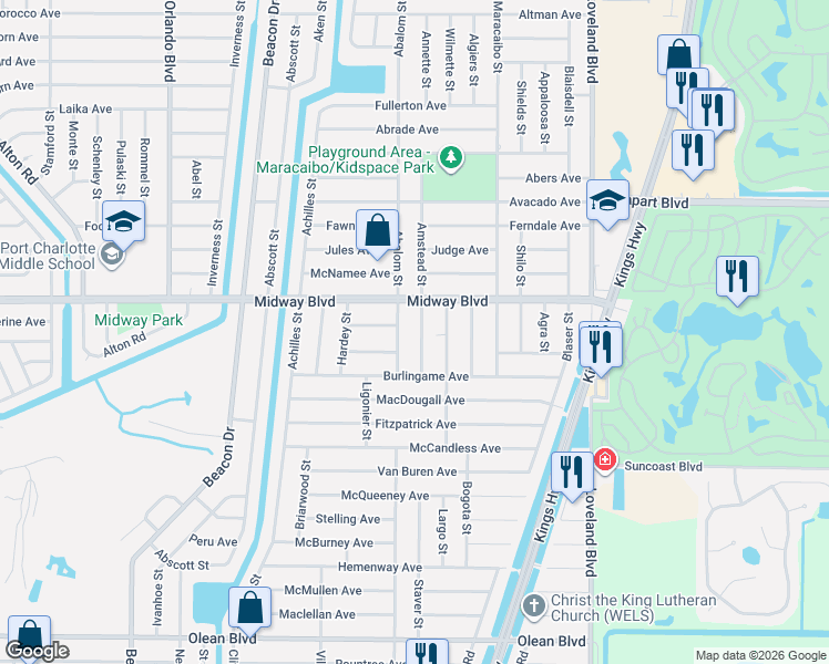 map of restaurants, bars, coffee shops, grocery stores, and more near 2154 Abalom Street in Port Charlotte