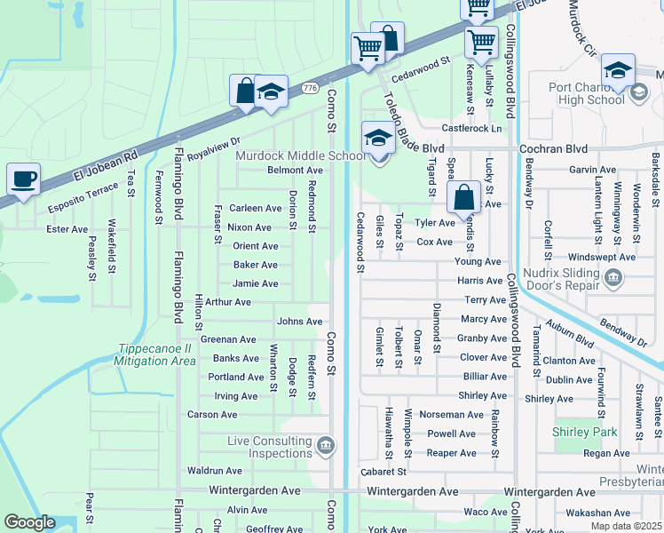 map of restaurants, bars, coffee shops, grocery stores, and more near 2176 Redmond Street in Port Charlotte