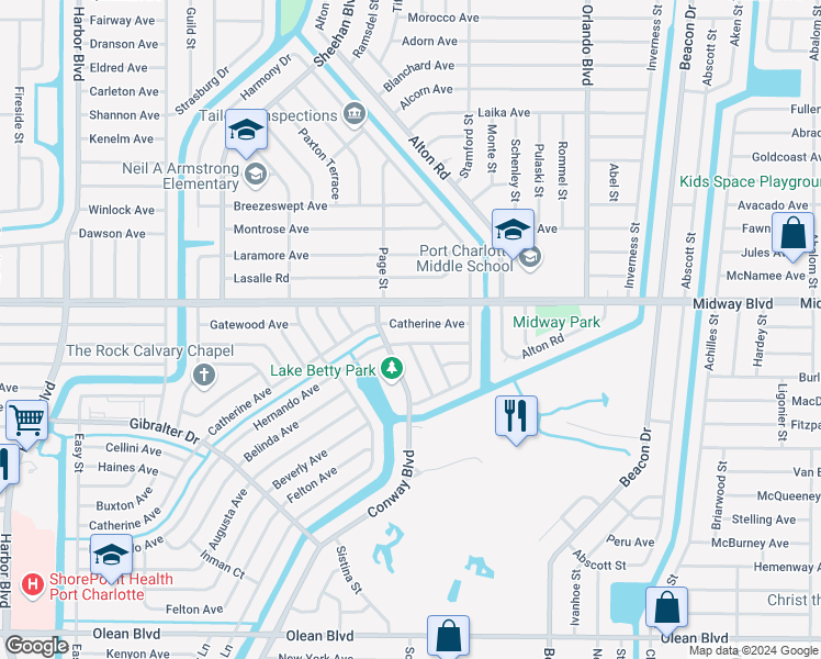 map of restaurants, bars, coffee shops, grocery stores, and more near 22433 Catherine Avenue in Port Charlotte