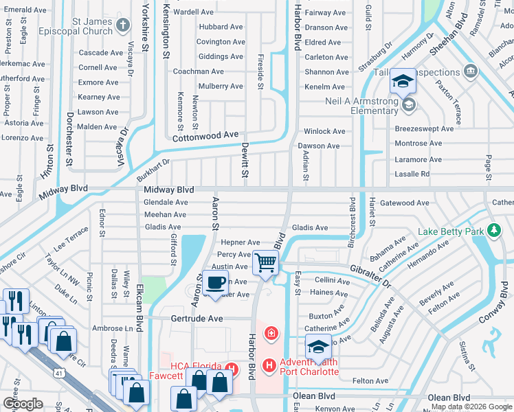 map of restaurants, bars, coffee shops, grocery stores, and more near 21347 Glendale Avenue in Port Charlotte
