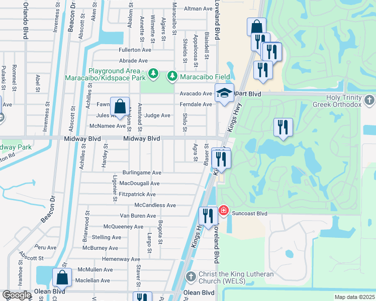 map of restaurants, bars, coffee shops, grocery stores, and more near 2156 Shilo Street in Port Charlotte