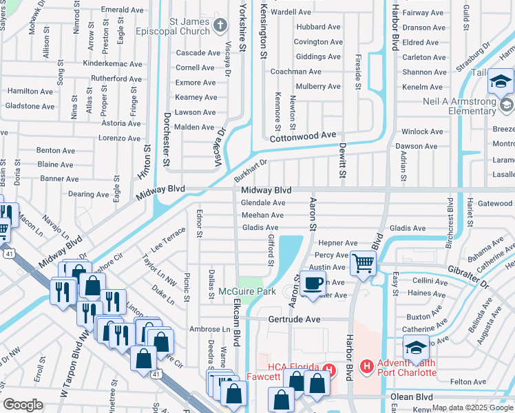 map of restaurants, bars, coffee shops, grocery stores, and more near 21139 Glendale Avenue in Port Charlotte