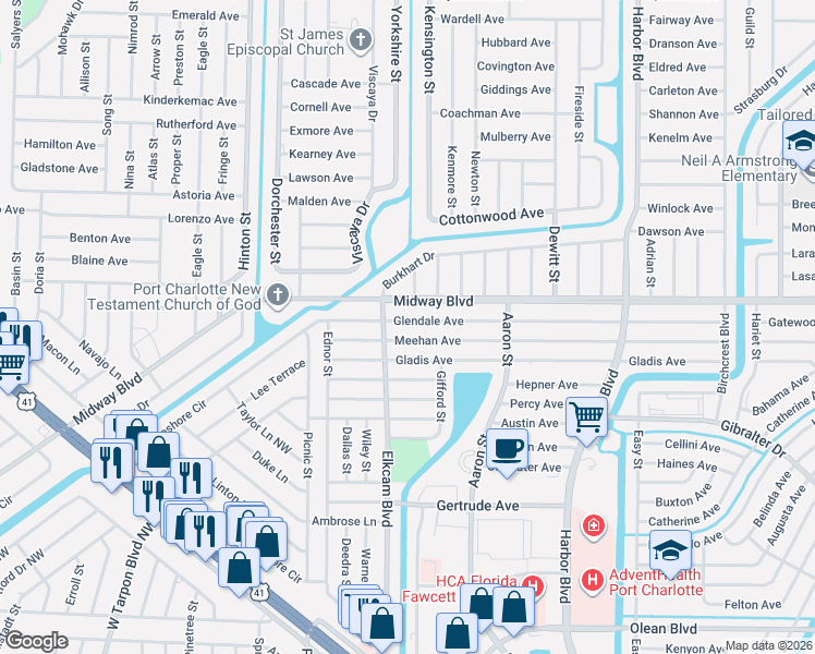 map of restaurants, bars, coffee shops, grocery stores, and more near 21139 Glendale Avenue in Port Charlotte
