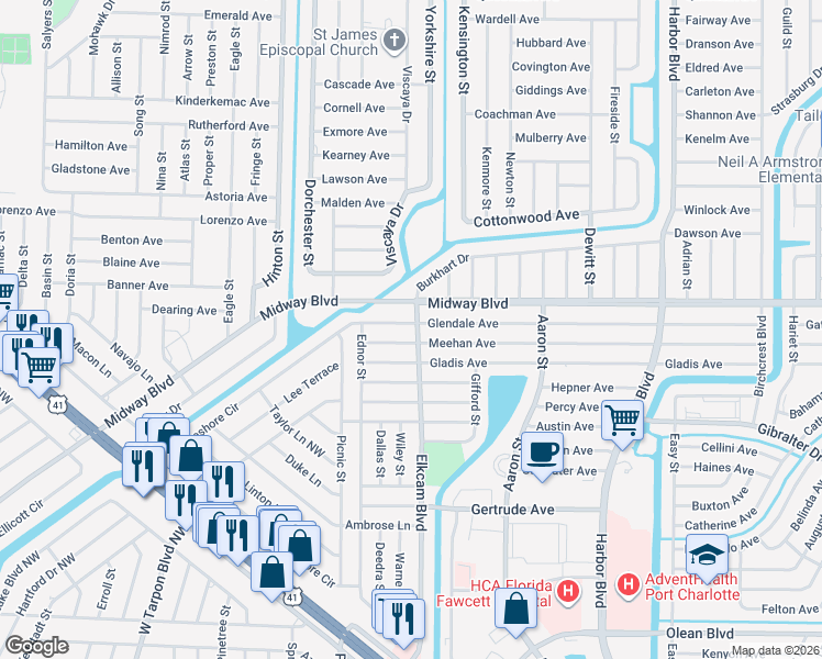 map of restaurants, bars, coffee shops, grocery stores, and more near 21083 Glendale Avenue in Port Charlotte