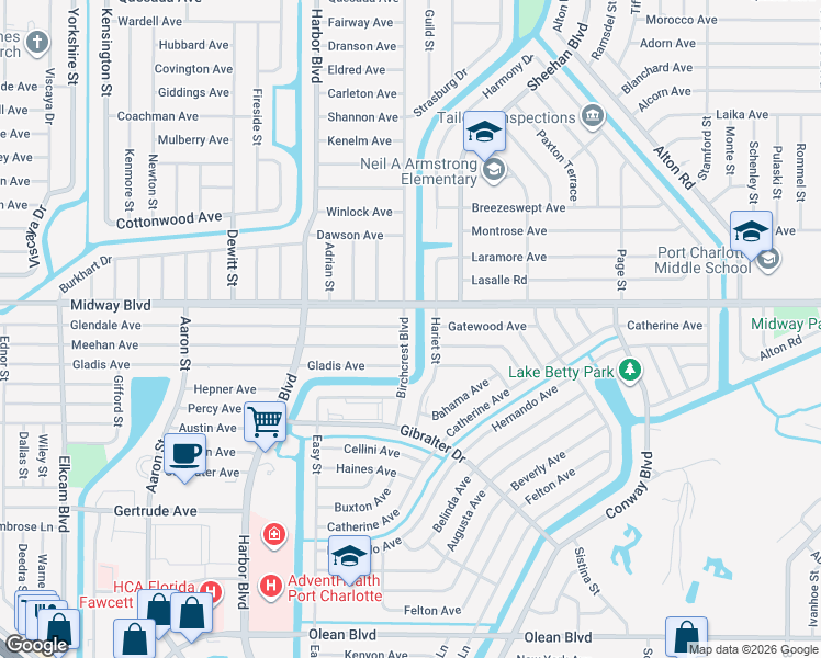 map of restaurants, bars, coffee shops, grocery stores, and more near 2162 Birchcrest Boulevard in Port Charlotte