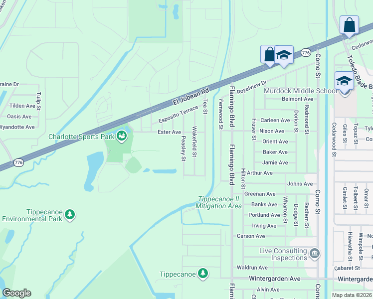 map of restaurants, bars, coffee shops, grocery stores, and more near 2180 Peasley Street in Port Charlotte