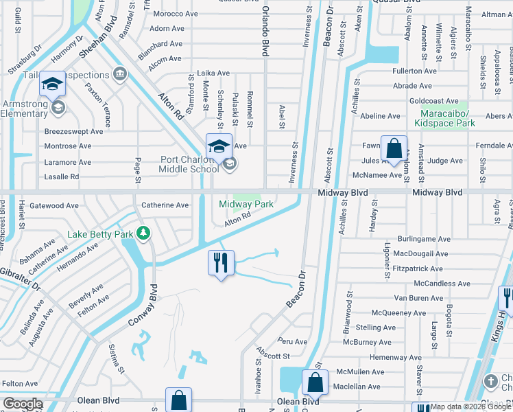 map of restaurants, bars, coffee shops, grocery stores, and more near 2333 Alton Road in Port Charlotte