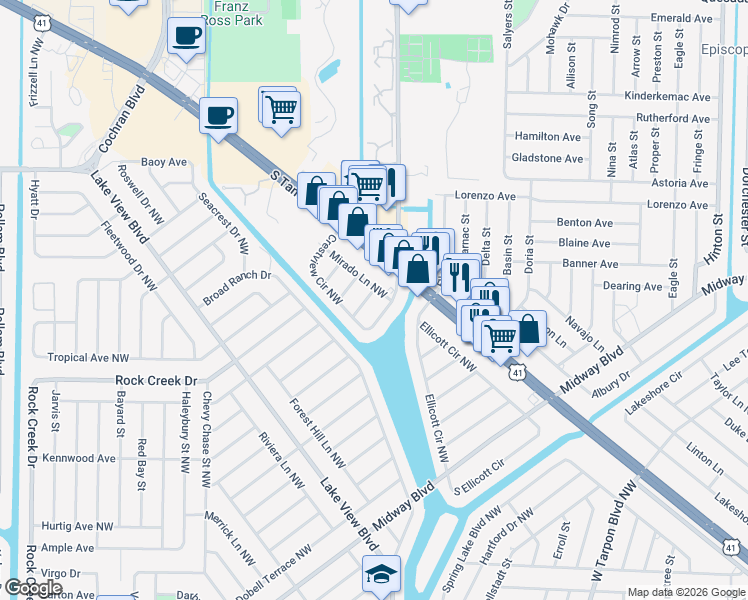 map of restaurants, bars, coffee shops, grocery stores, and more near 1075 Canal Terrace Northwest in Port Charlotte