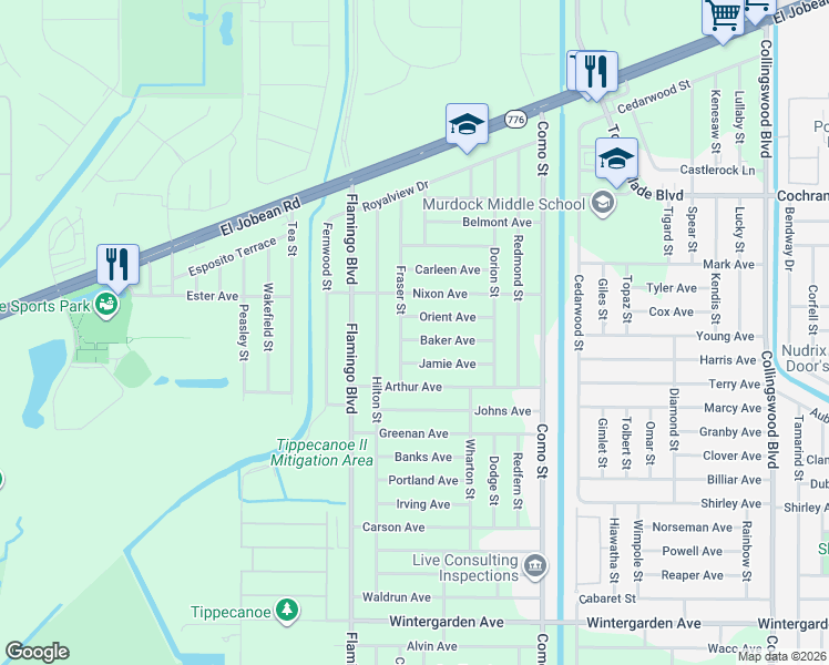 map of restaurants, bars, coffee shops, grocery stores, and more near 17082 Baker Avenue in Port Charlotte