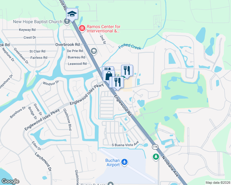 map of restaurants, bars, coffee shops, grocery stores, and more near South Drive in Englewood