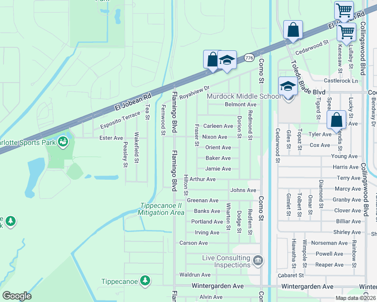 map of restaurants, bars, coffee shops, grocery stores, and more near 2185 Hilton Street in Port Charlotte