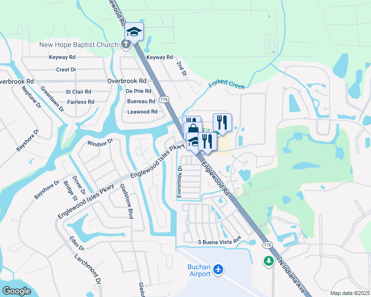 map of restaurants, bars, coffee shops, grocery stores, and more near 149 Englewood Isles Parkway in Englewood
