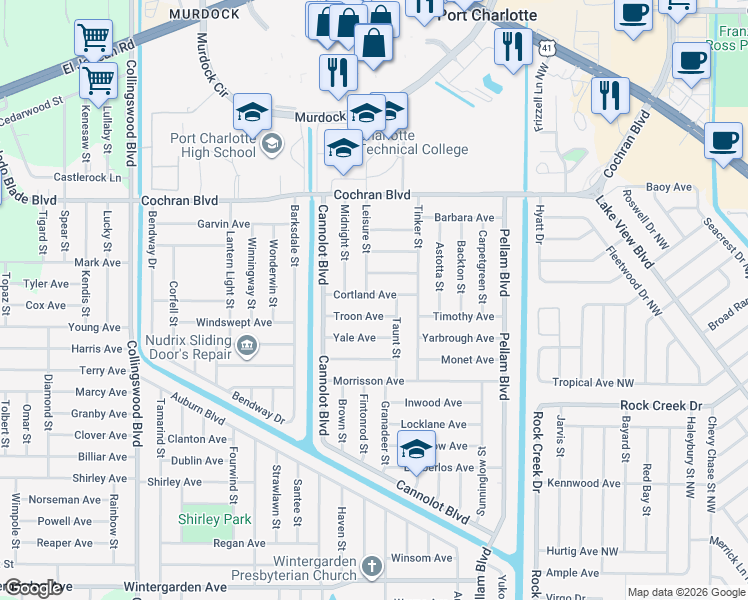 map of restaurants, bars, coffee shops, grocery stores, and more near 18331 Cortland Avenue in Port Charlotte