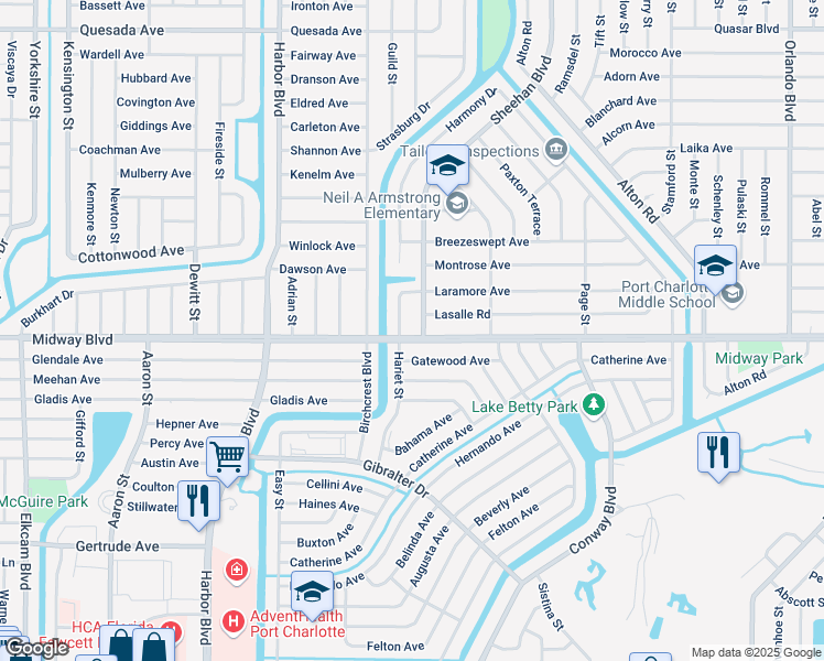 map of restaurants, bars, coffee shops, grocery stores, and more near 2106 Hariet Street in Port Charlotte